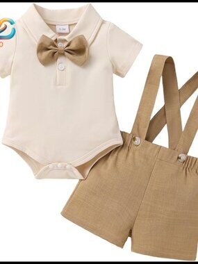 Infant Boy Wedding Outfit Set with Shirt Bowtie Suspenders Shorts